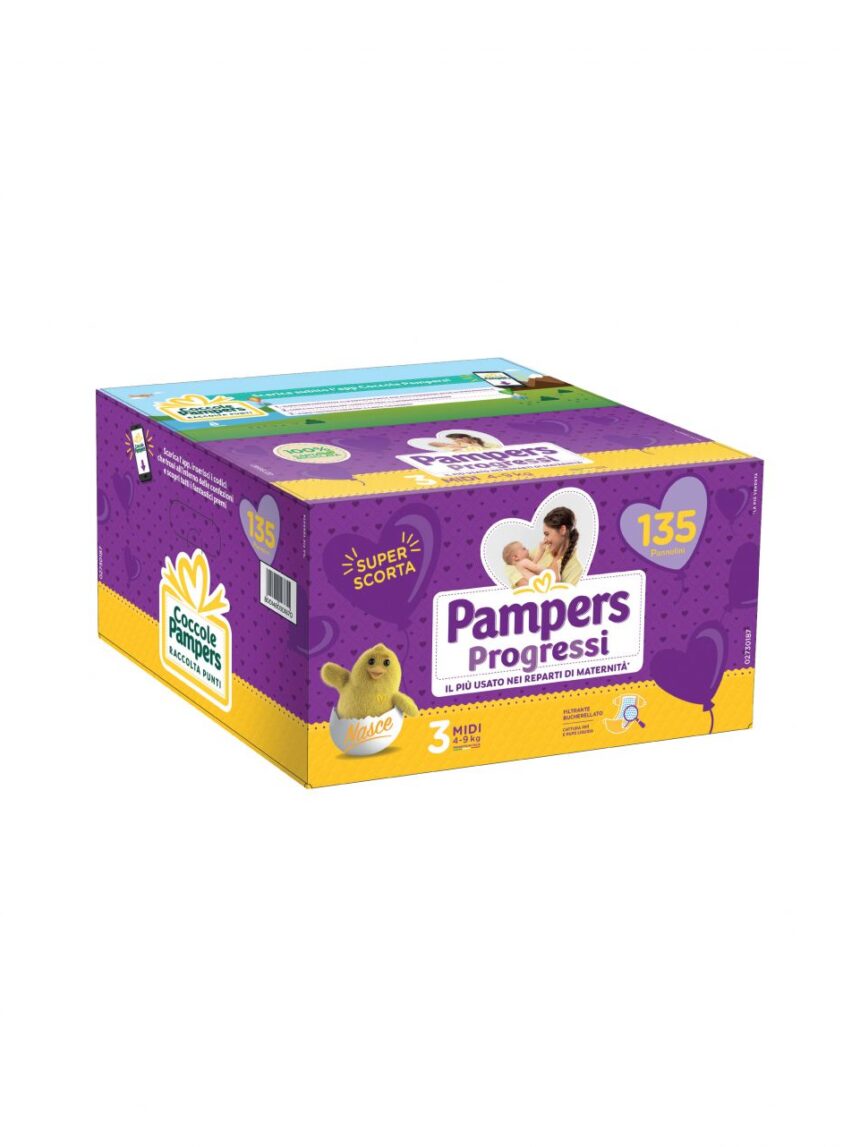 Pampers pentapack progressi midi, 135 pannolini, taglia 3 (4-9 kg) - Pampers
